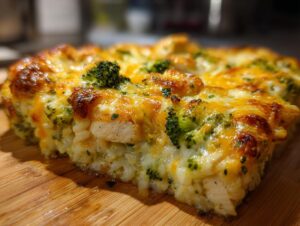 A close-up of a delicious slice of broccoli rice chicken casserole, topped with melted golden cheese and herbs.