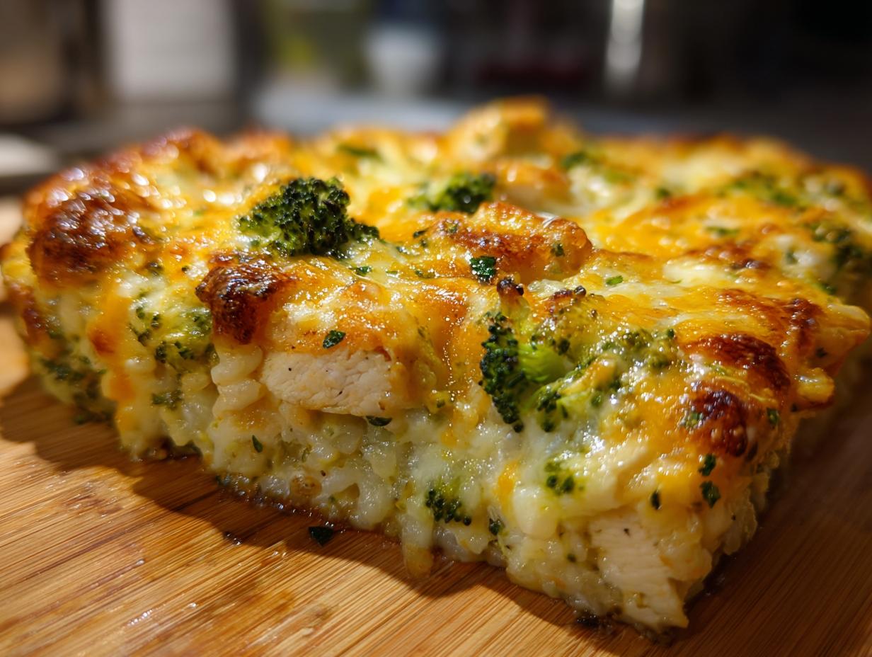 A close-up of a delicious slice of broccoli rice chicken casserole, topped with melted golden cheese and herbs.