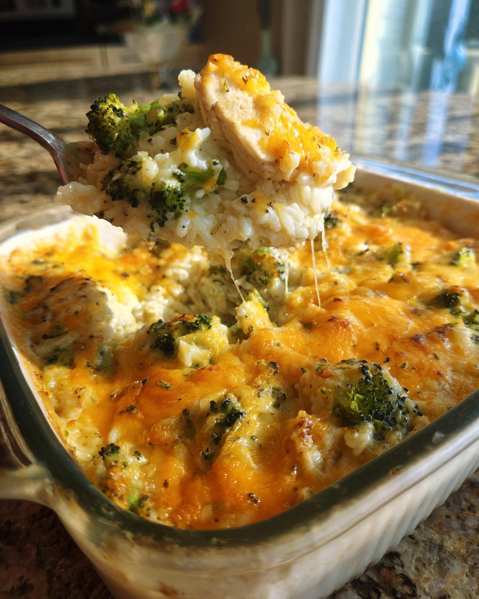 A spoonful of cheesy broccoli rice chicken casserole being lifted from a baking dish, showing tender chicken and broccoli florets.