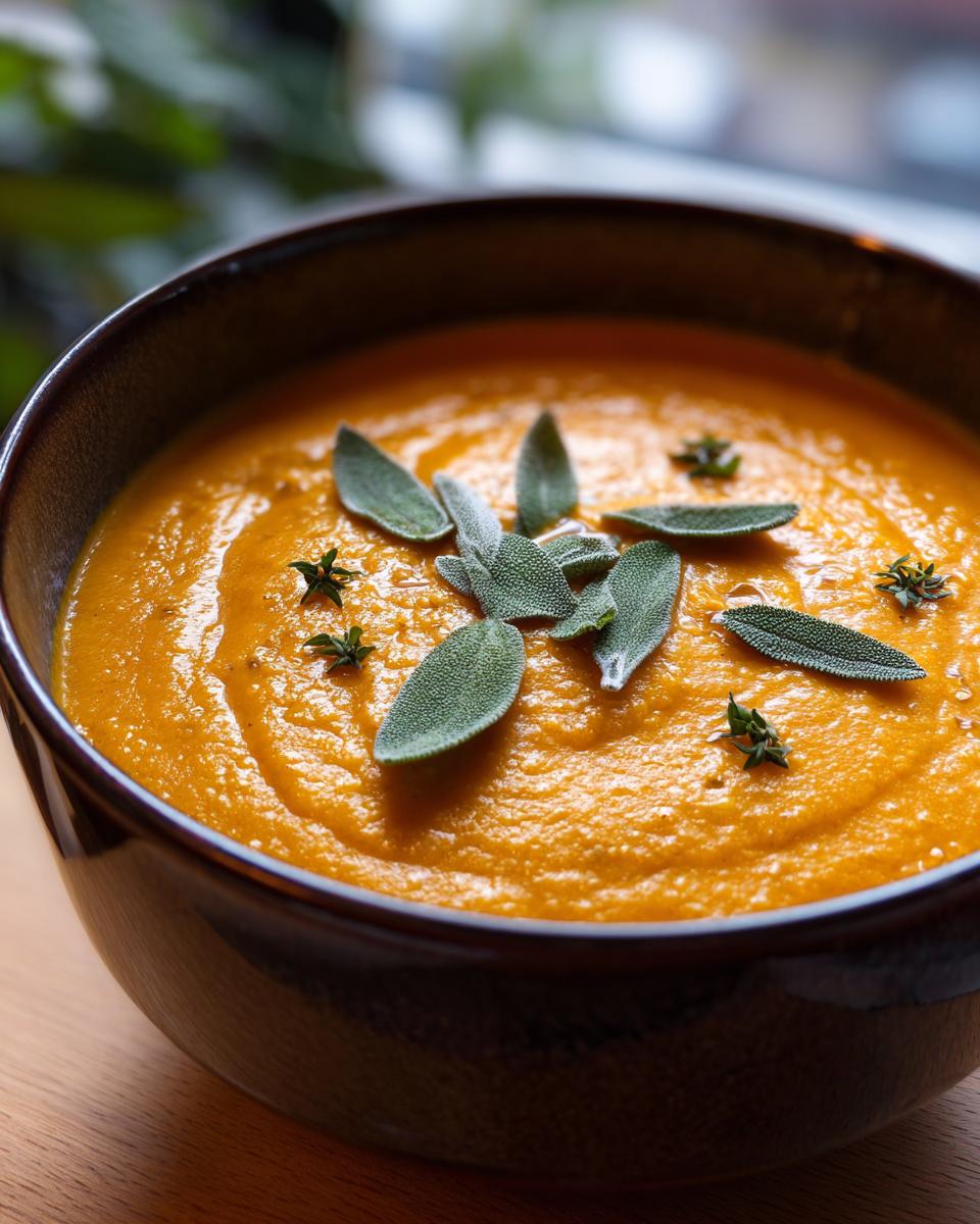 Close-up of vibrant orange butternut squash soup topped with fresh sage leaves and thyme sprigs.