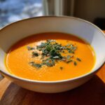 A close-up of vibrant orange butternut squash soup topped with fresh, chopped sage leaves in a white bowl.