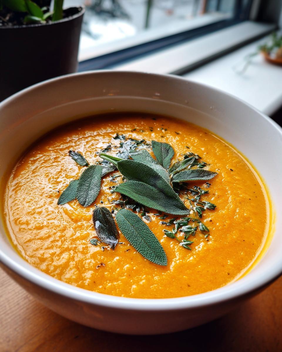 Close-up of a bowl of vibrant orange butternut squash soup topped with fresh sage leaves and thyme.