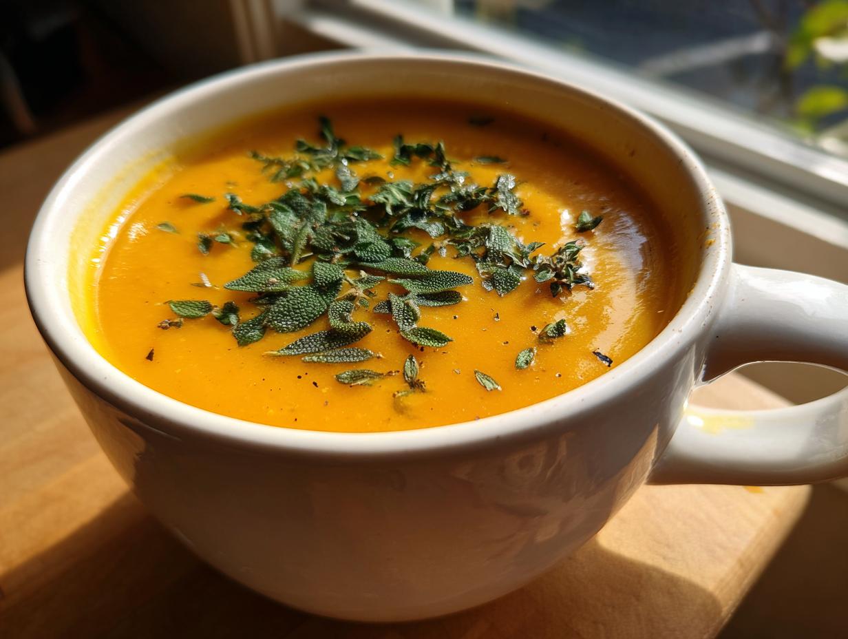 A close-up of creamy, orange butternut squash soup topped with fresh sage leaves.