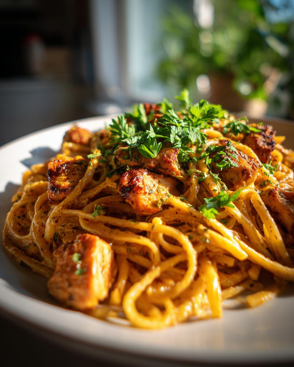 A close-up of cajun ranch chicken pasta on a white plate, garnished with fresh parsley.