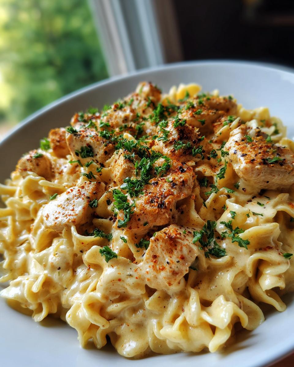 A close-up of Cajun Ranch Chicken Pasta, featuring tender chicken pieces and wide noodles coated in a rich, creamy sauce, garnished with parsley.