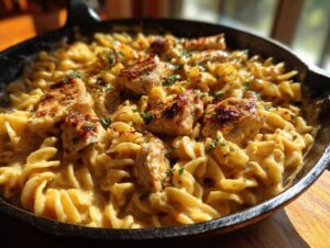 A close-up of creamy Cajun Ranch Chicken Pasta served in a cast-iron skillet, topped with seasoned chicken pieces and parsley.
