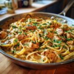 A close-up of creamy cajun ranch chicken pasta with fettuccine and chopped chicken, garnished with parsley.