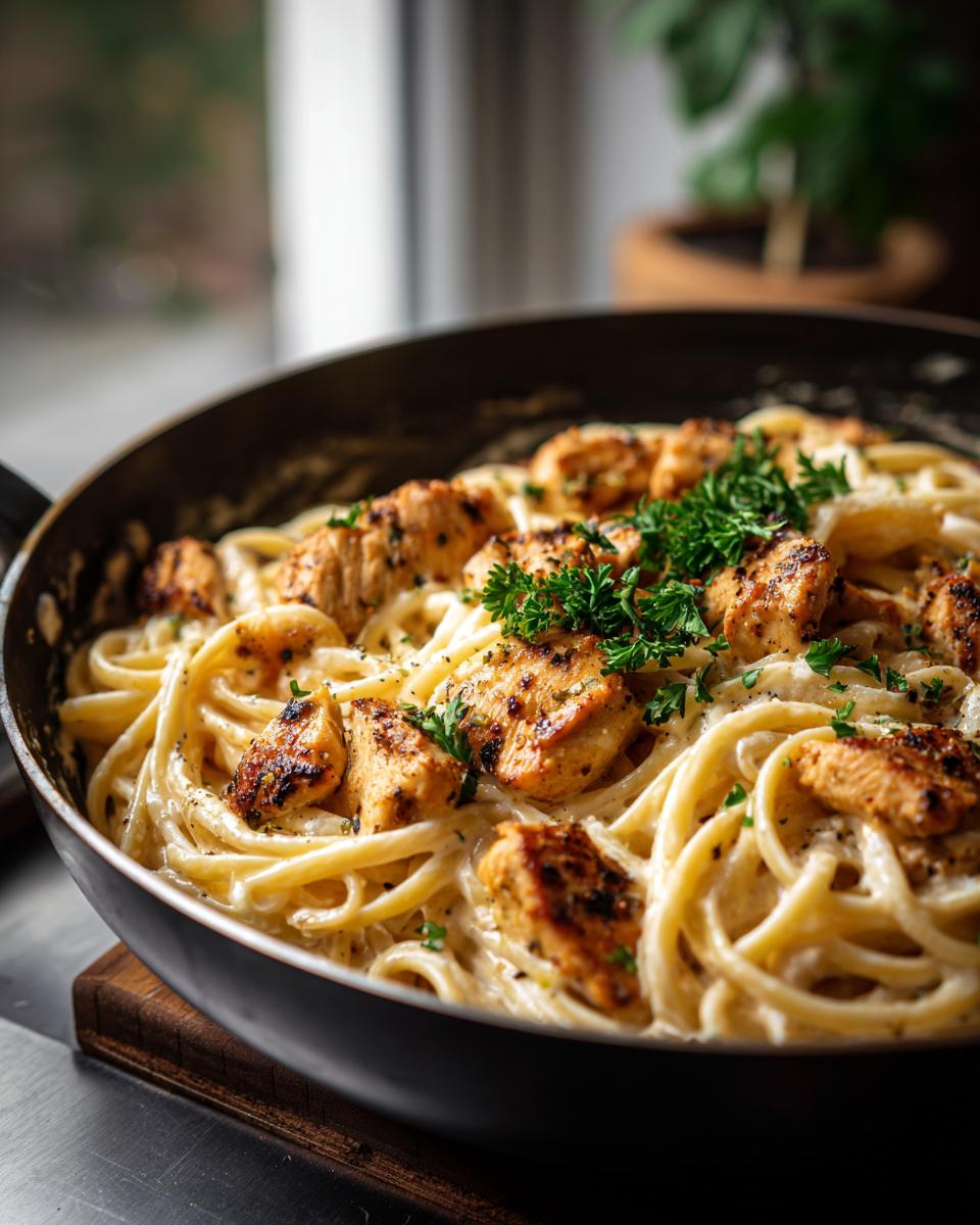 A close-up of creamy cajun ranch chicken pasta in a skillet, garnished with fresh parsley.