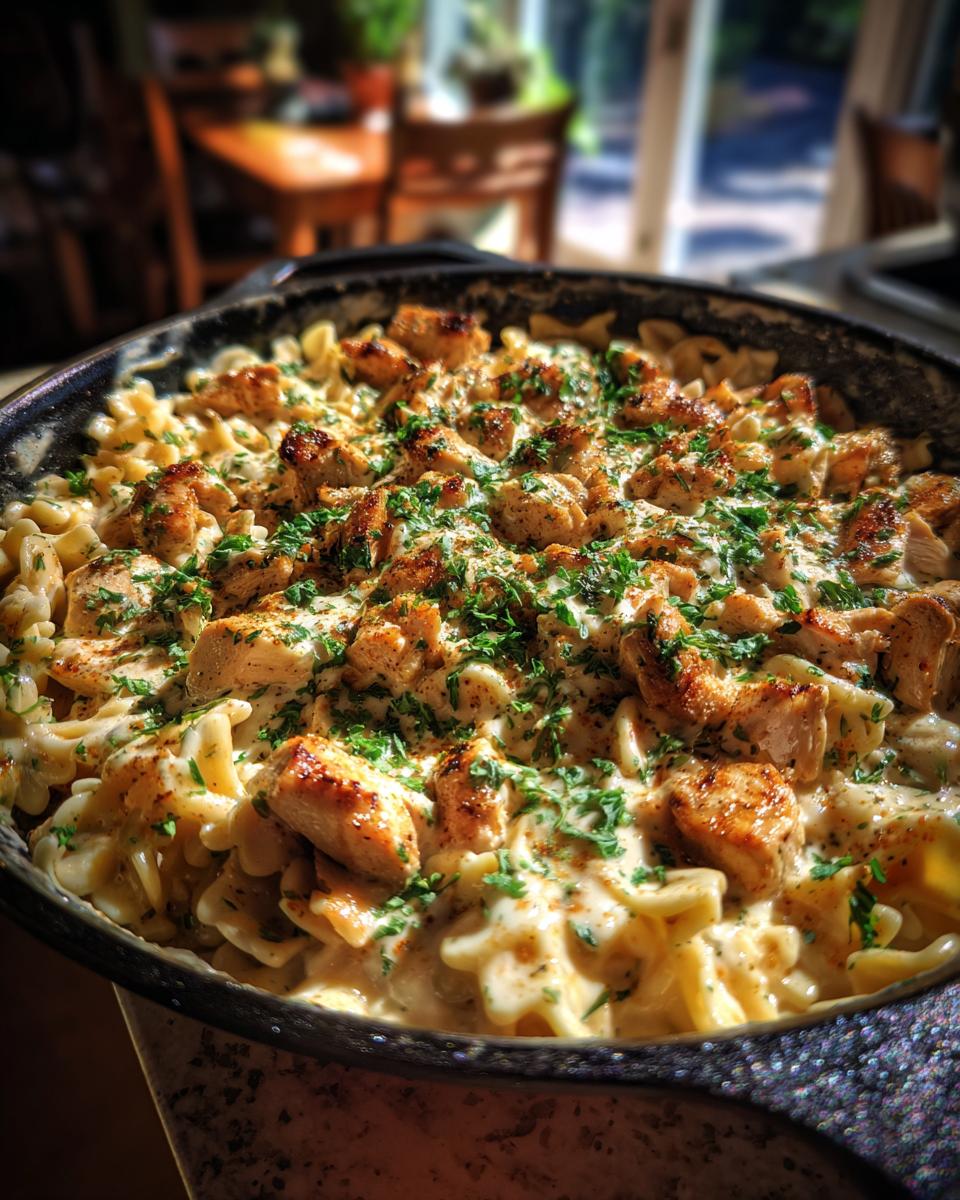 Close-up of Cajun Ranch Chicken Pasta in a cast iron skillet, topped with fresh parsley and spices.
