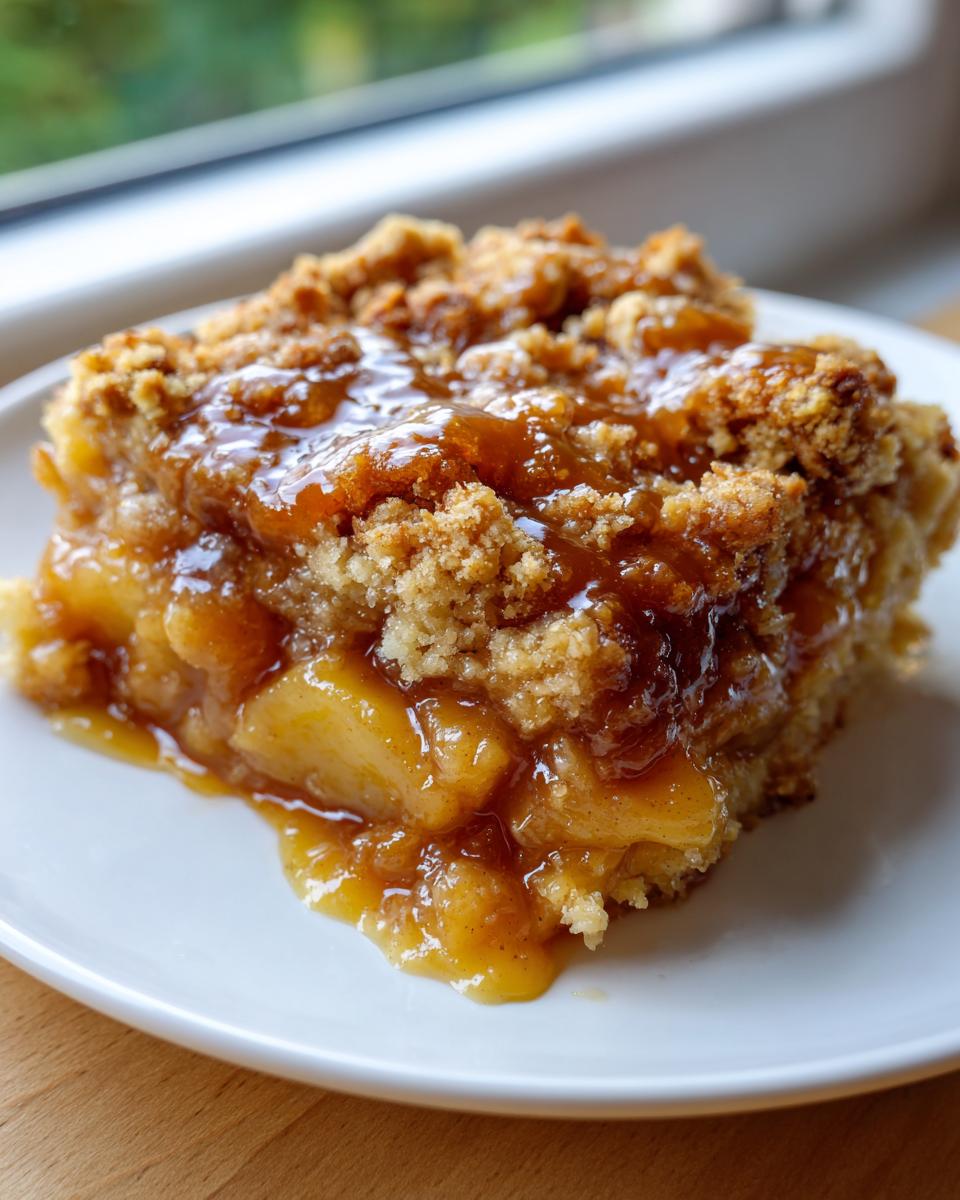 A close-up of a warm slice of caramel apple dump cake with a crumbly topping and gooey caramel sauce.