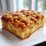 A close-up of a square slice of rich caramel apple dump cake with a crumb topping and caramel drizzle.