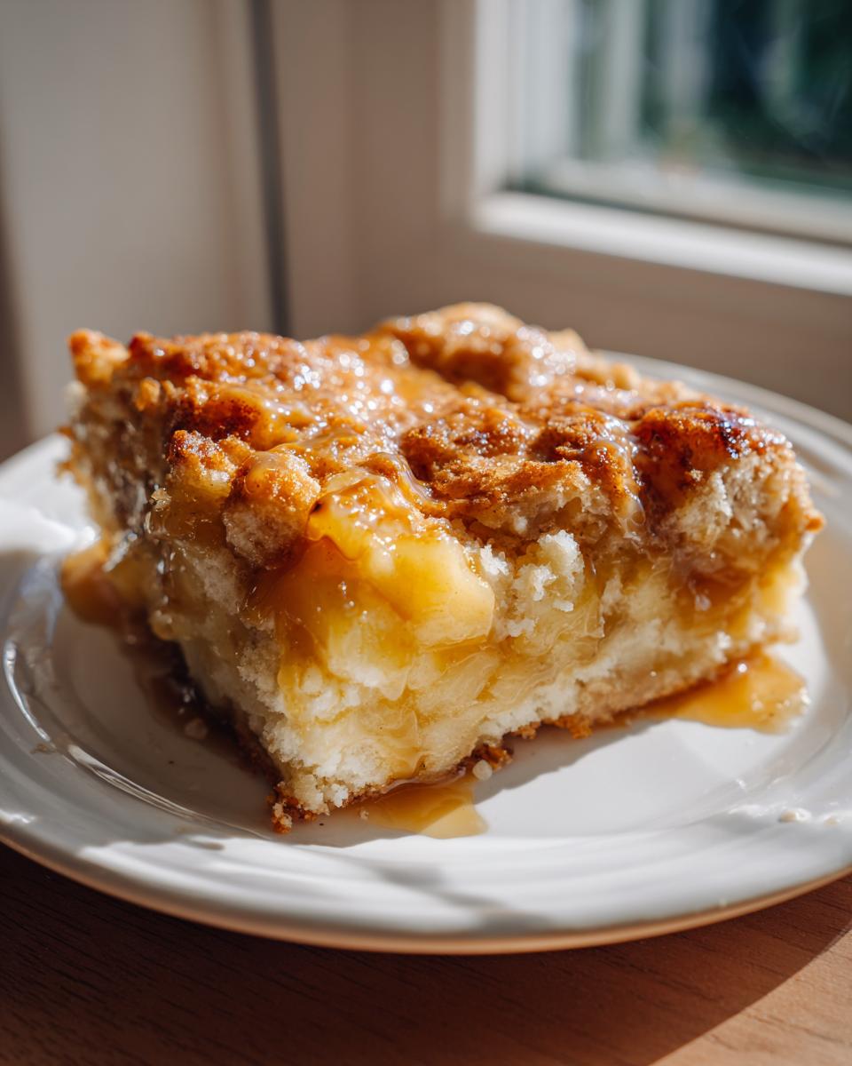 A close-up of a moist slice of caramel apple dump cake topped with sticky caramel sauce.