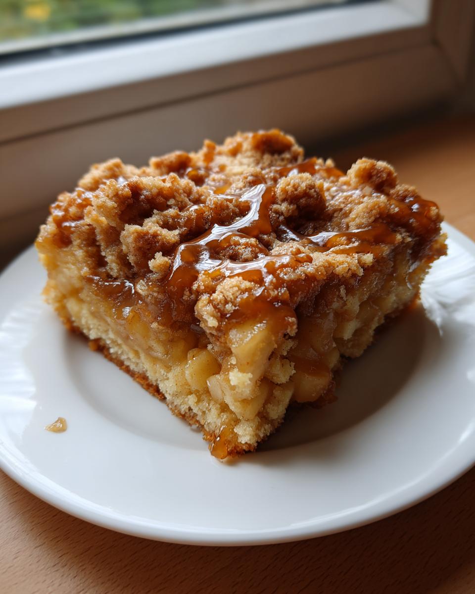 A square slice of caramel apple dump cake with a crumb topping and caramel drizzle on a white plate.