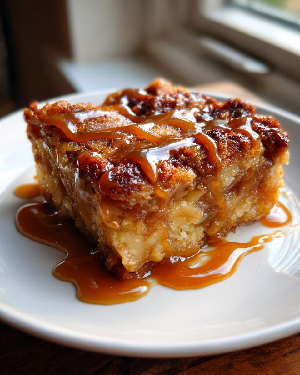 A square serving of warm caramel apple dump cake drizzled generously with thick caramel sauce on a white plate.
