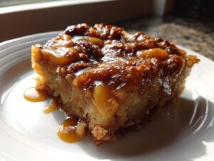 A close-up of a moist slice of caramel apple dump cake topped with glistening caramel sauce.