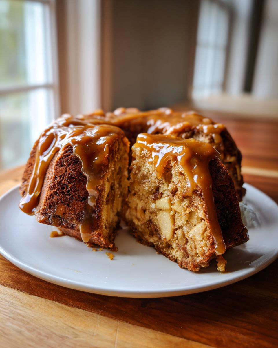 A bundt-style apple cake drizzled heavily with caramel sauce, with one slice cut out revealing chunks of apple inside.