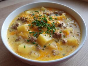 Close-up of a hearty bowl of cheeseburger soup recipe with chunks of potato, ground beef, and melted cheese, topped with fresh chives.