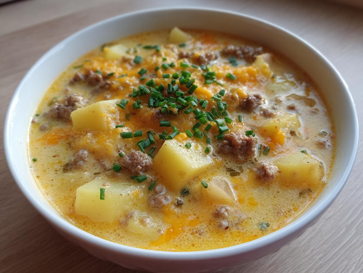 Close-up of a hearty bowl of cheeseburger soup recipe with chunks of potato, ground beef, and melted cheese, topped with fresh chives.