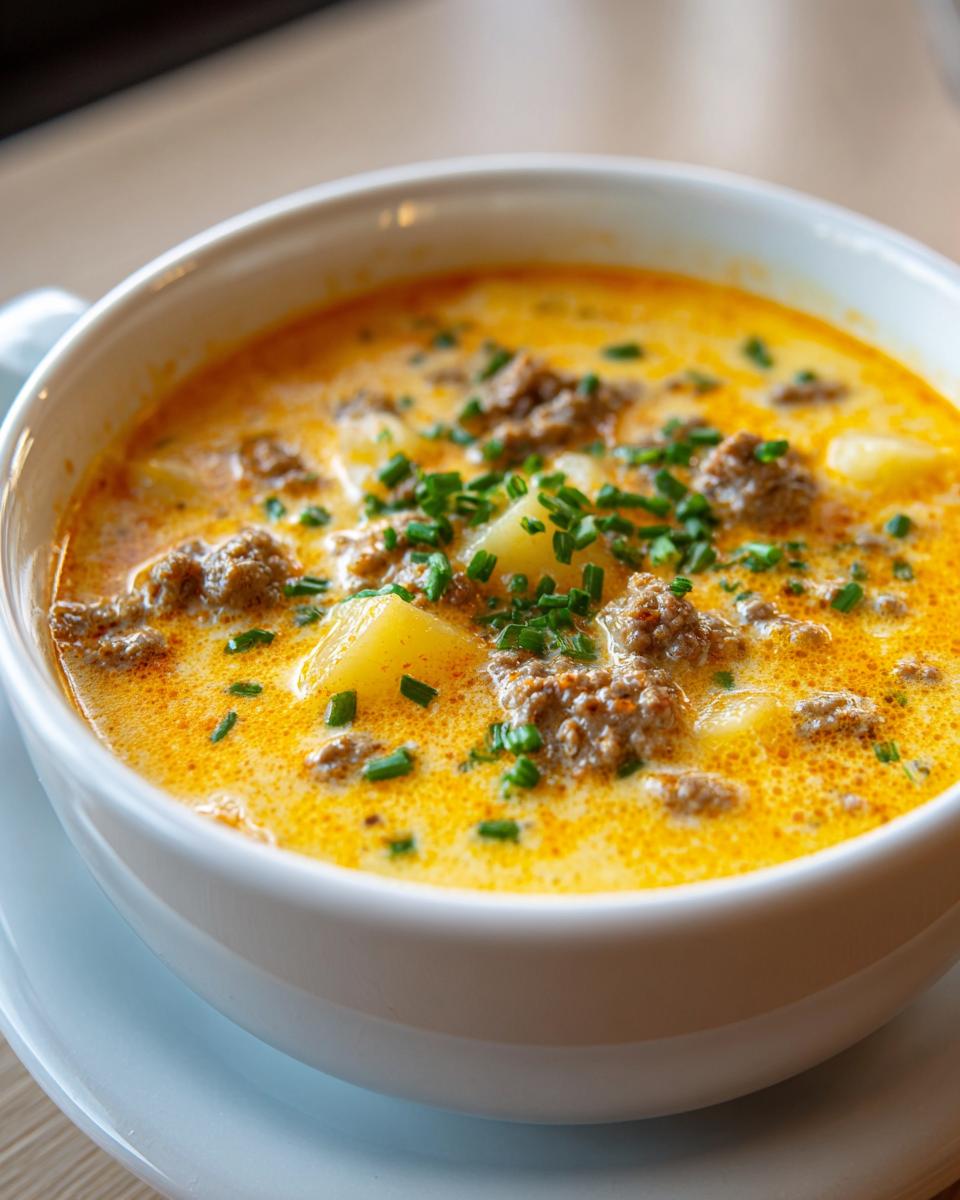 Close-up of a hearty bowl of cheeseburger soup recipe, featuring ground beef, potatoes, and chives.