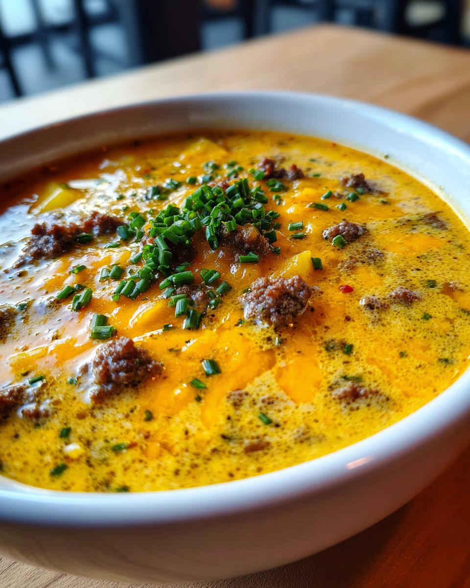 Close-up of a rich, yellow cheeseburger soup recipe bowl topped with ground beef and fresh green chives.