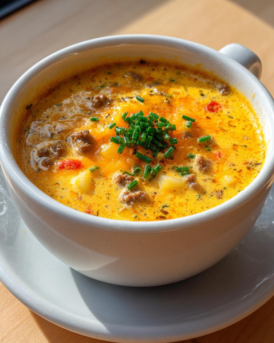 Close-up of a bowl of creamy, cheesy cheeseburger soup recipe, topped with ground beef and fresh chives.