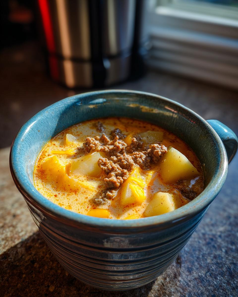 A close-up of a blue mug filled with cheesy beef and potato soup, showing chunks of potato, ground beef, and melted cheese.