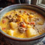 A close-up view of a bowl filled with hearty cheesy beef and potato soup, topped with melted cheddar cheese.