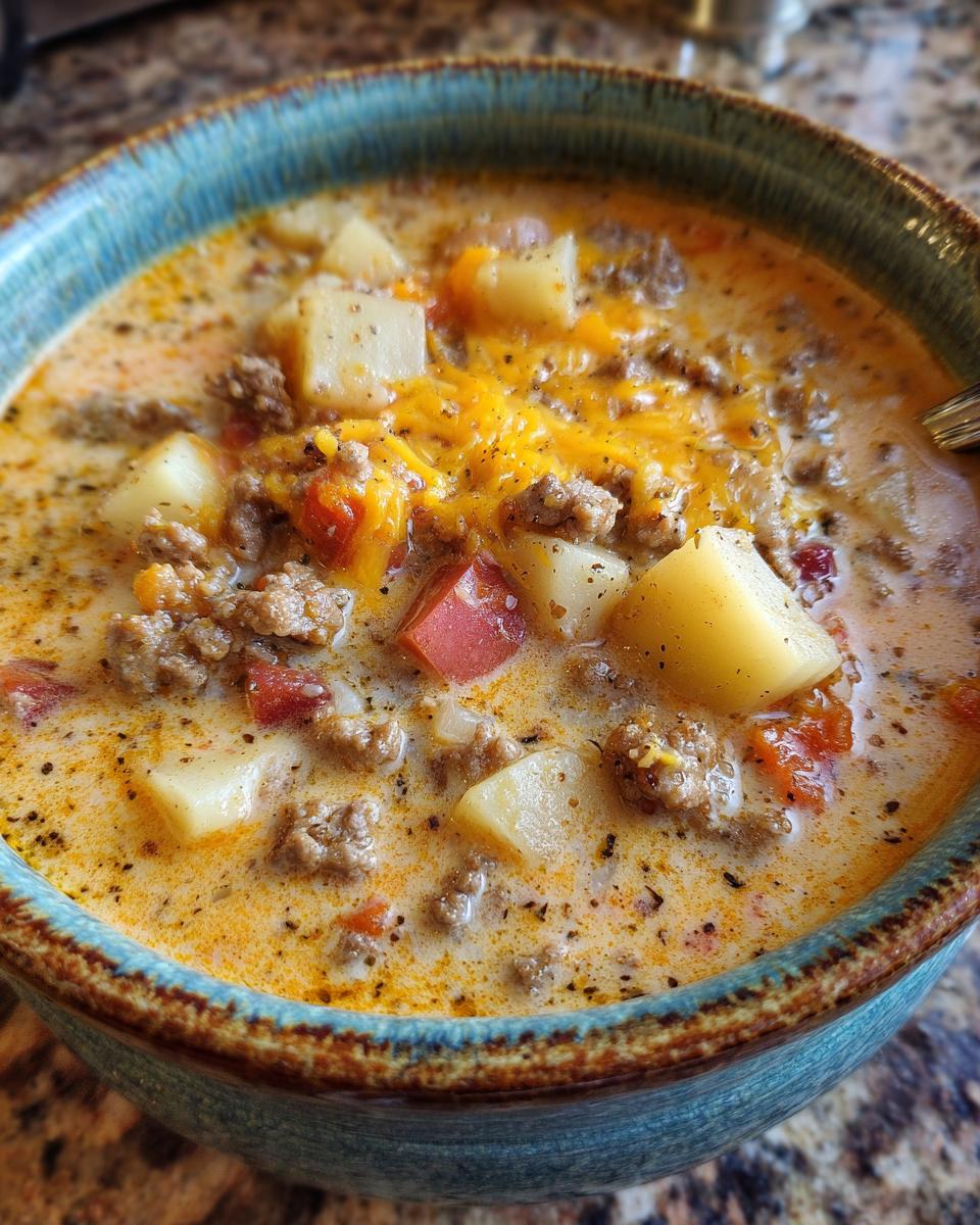 A close-up view of a hearty bowl of cheesy beef and potato soup, with chunks of potato and ground beef in a creamy broth topped with melted cheese.