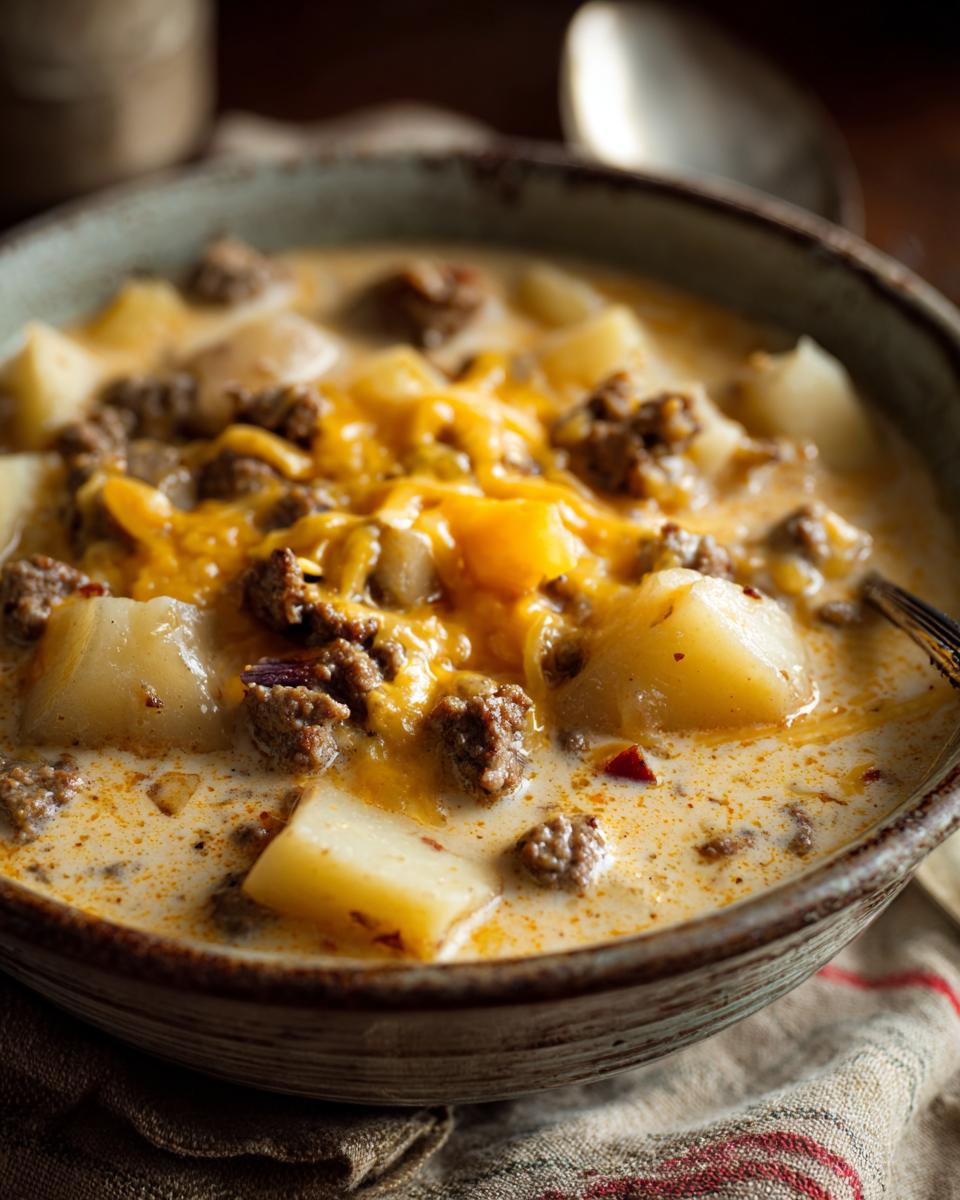 A comforting bowl of cheesy beef and potato soup, with chunks of potato and seasoned ground beef topped with melted cheddar cheese.