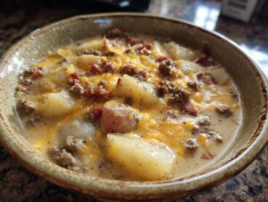 A close-up of a bowl of cheesy beef and potato soup, with chunks of potato, ground beef, and melted cheddar cheese.
