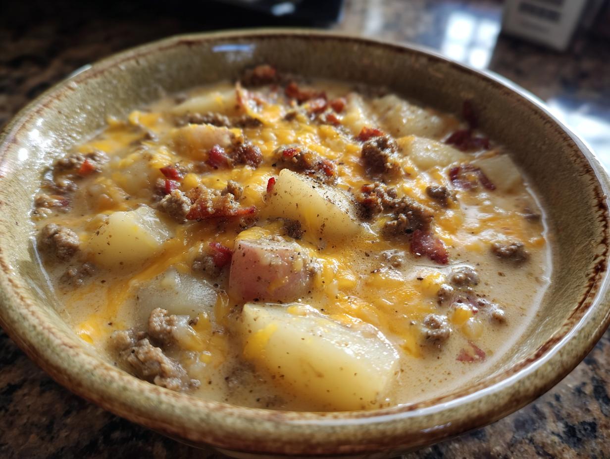 A close-up of a bowl of cheesy beef and potato soup, with chunks of potato, ground beef, and melted cheddar cheese.