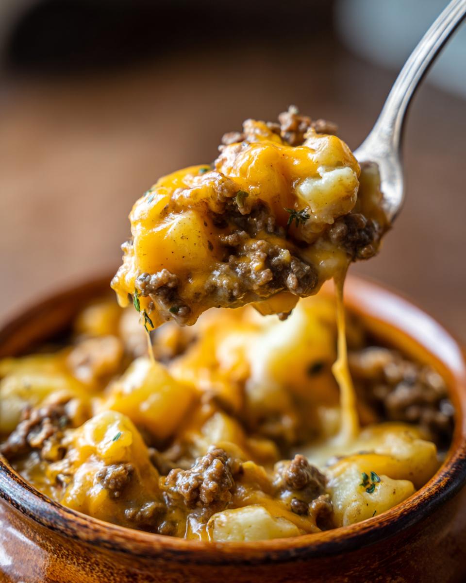 A spoonful of Cheesy Beef and Potato Soup, showing ground beef, potatoes, and melted cheddar cheese.