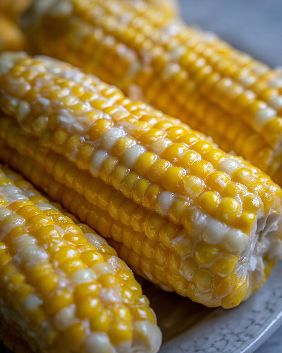 Close-up of delicious cheesy garlic butter corn on the cob, showing the glistening kernels.