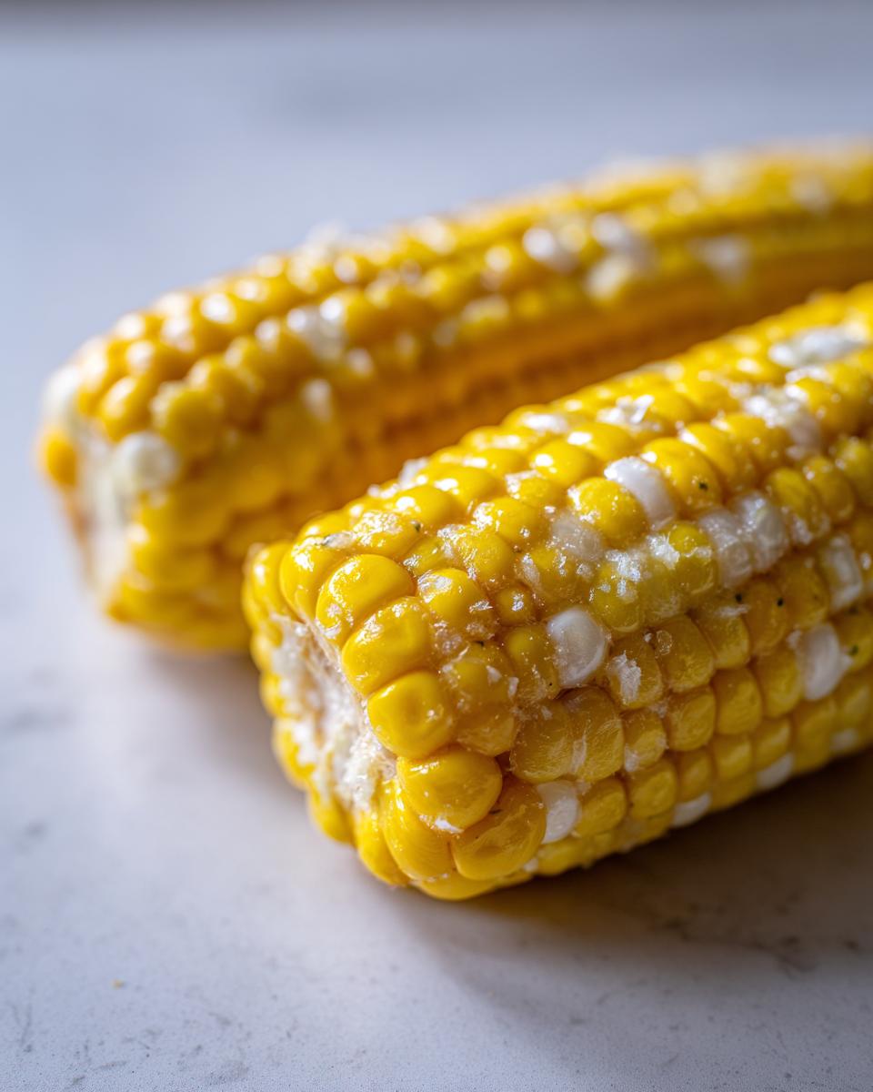 Close-up of two ears of cheesy garlic butter corn on the cob, glistening and ready to eat.