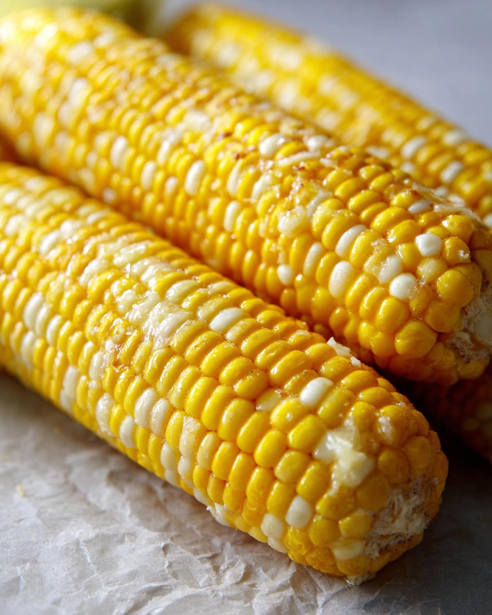 Close-up of buttery, cheesy garlic butter corn on the cob, with kernels glistening.