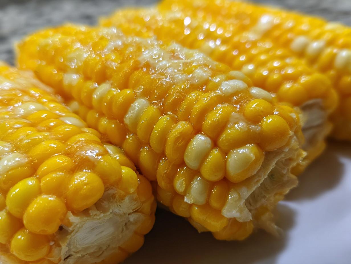 Close-up of delicious cheesy garlic butter corn on the cob, showing kernels glistening with butter.