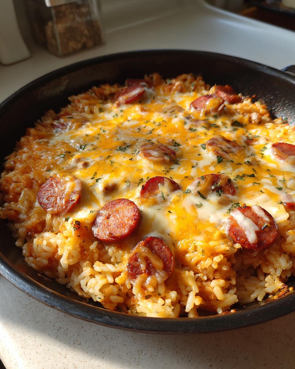 Close-up of cheesy sausage and rice cooked in a black skillet, topped with melted cheddar and mozzarella.