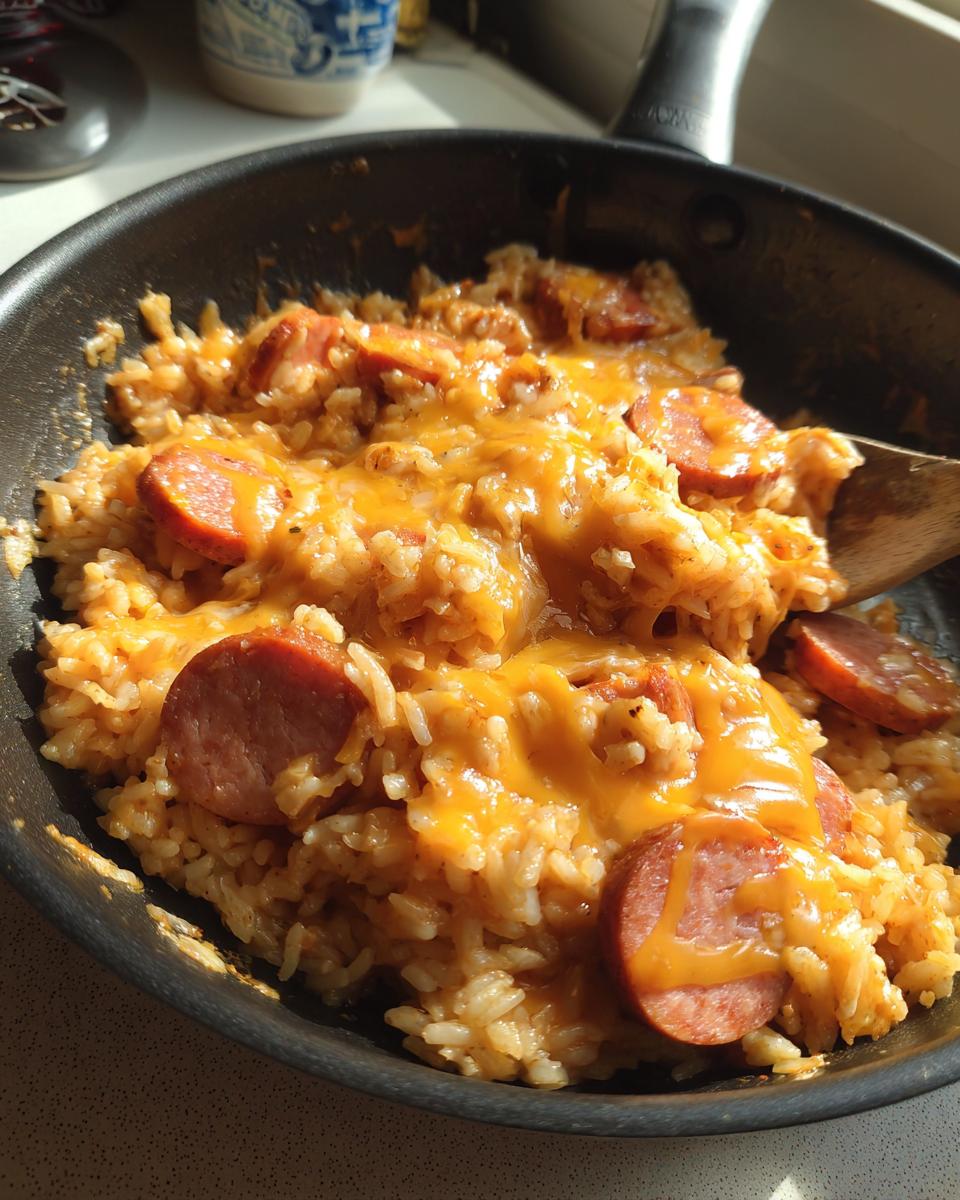 Close-up of cheesy sausage and rice mixture cooking in a dark skillet with a wooden spoon visible.