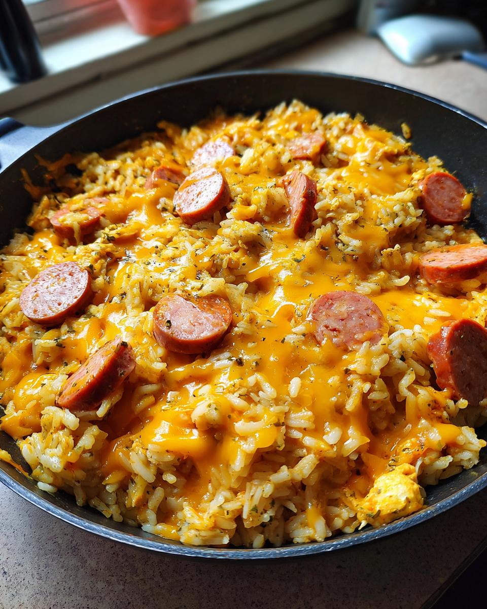 Close-up of cheesy sausage and rice mixture cooked in a black skillet, topped with melted cheddar.