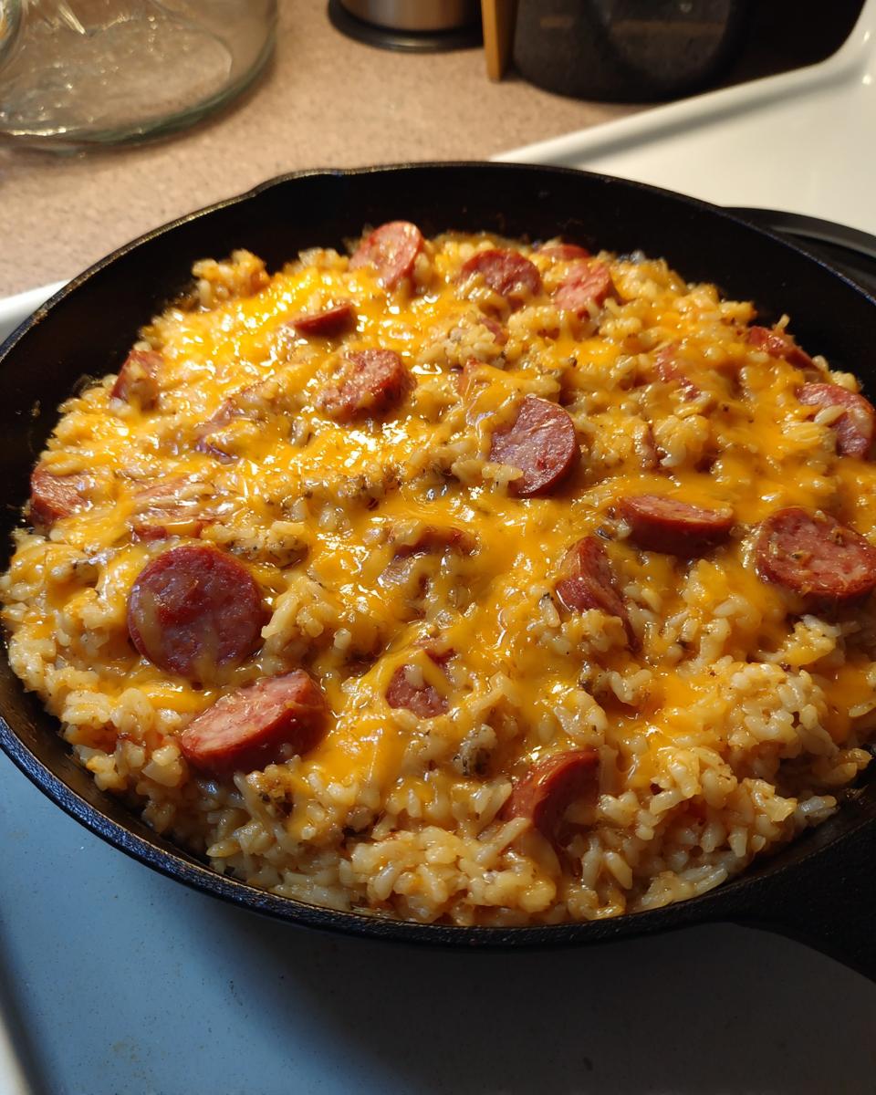 Close-up of cheesy sausage and rice cooked in a black cast iron skillet, topped with melted cheddar.