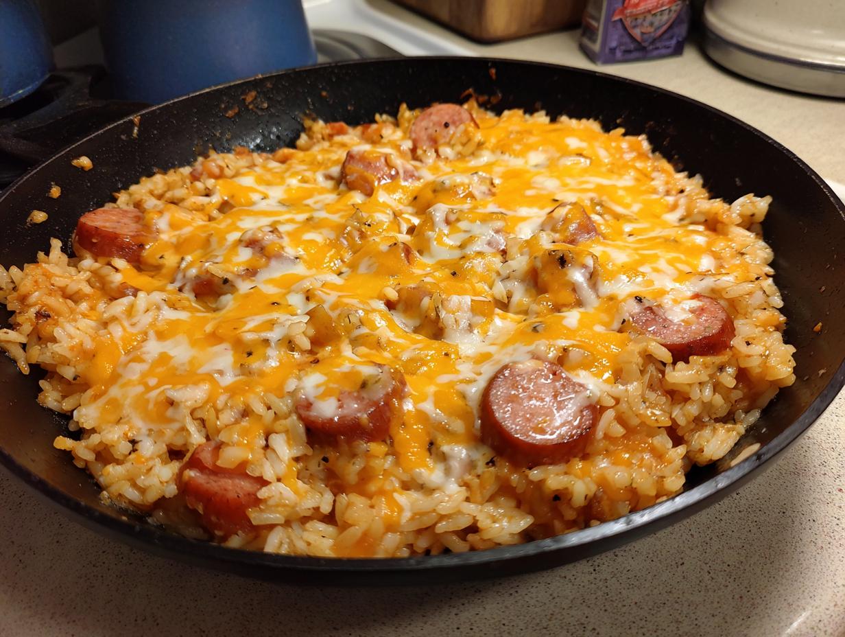 A close-up of a one-pot cheesy sausage and rice dish topped with melted cheddar and Monterey Jack cheese.