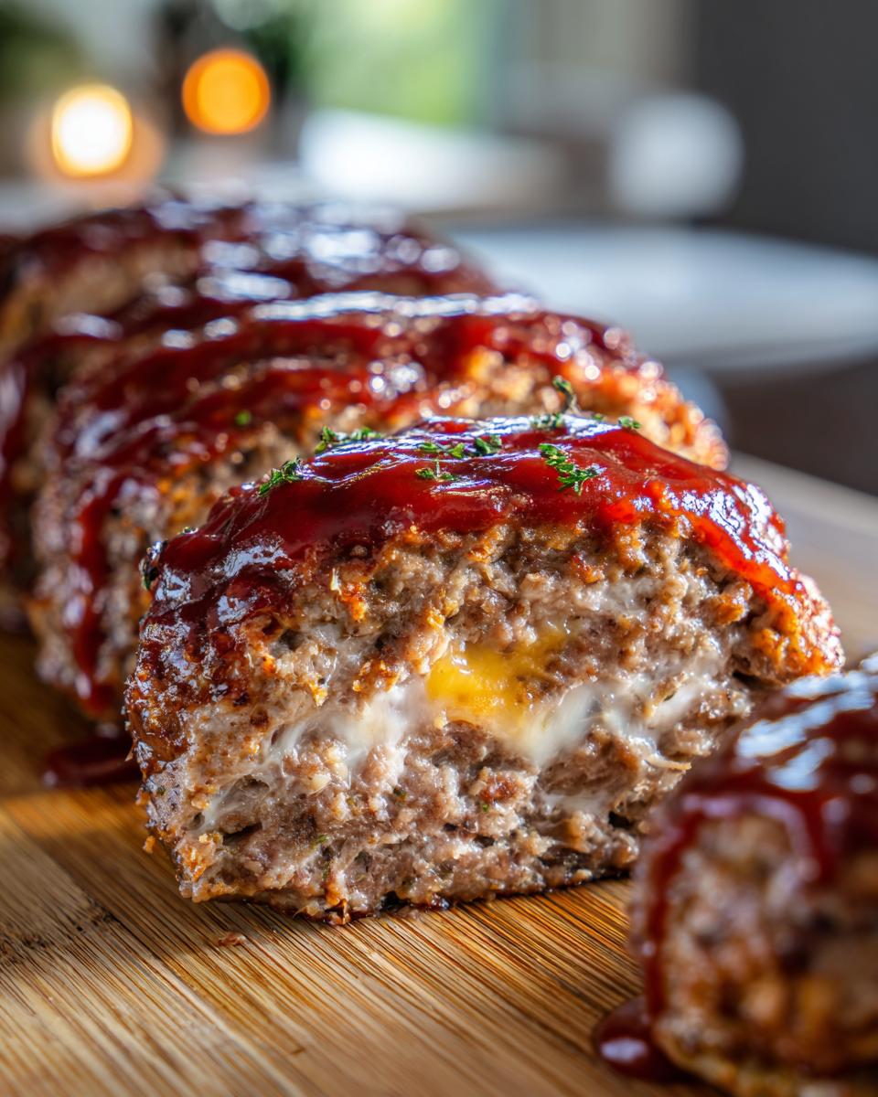 Close-up of cheesy stuffed meatloaf bites, drizzled with BBQ sauce and topped with herbs.