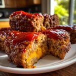 A close-up of cheesy stuffed meatloaf bites, one cut open to reveal melted cheese, topped with ketchup.