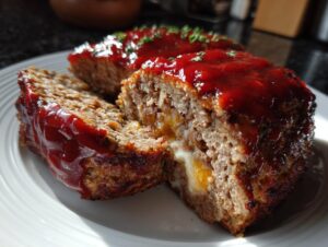 Close-up of cheesy stuffed meatloaf bites, showing the melted cheese filling and ketchup glaze.