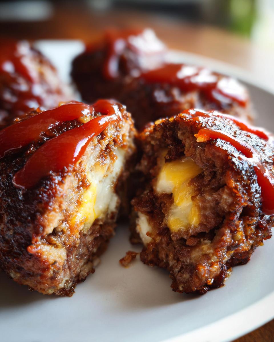 A close-up of cheesy stuffed meatloaf bites, one cut in half to reveal melted cheese inside, topped with ketchup.