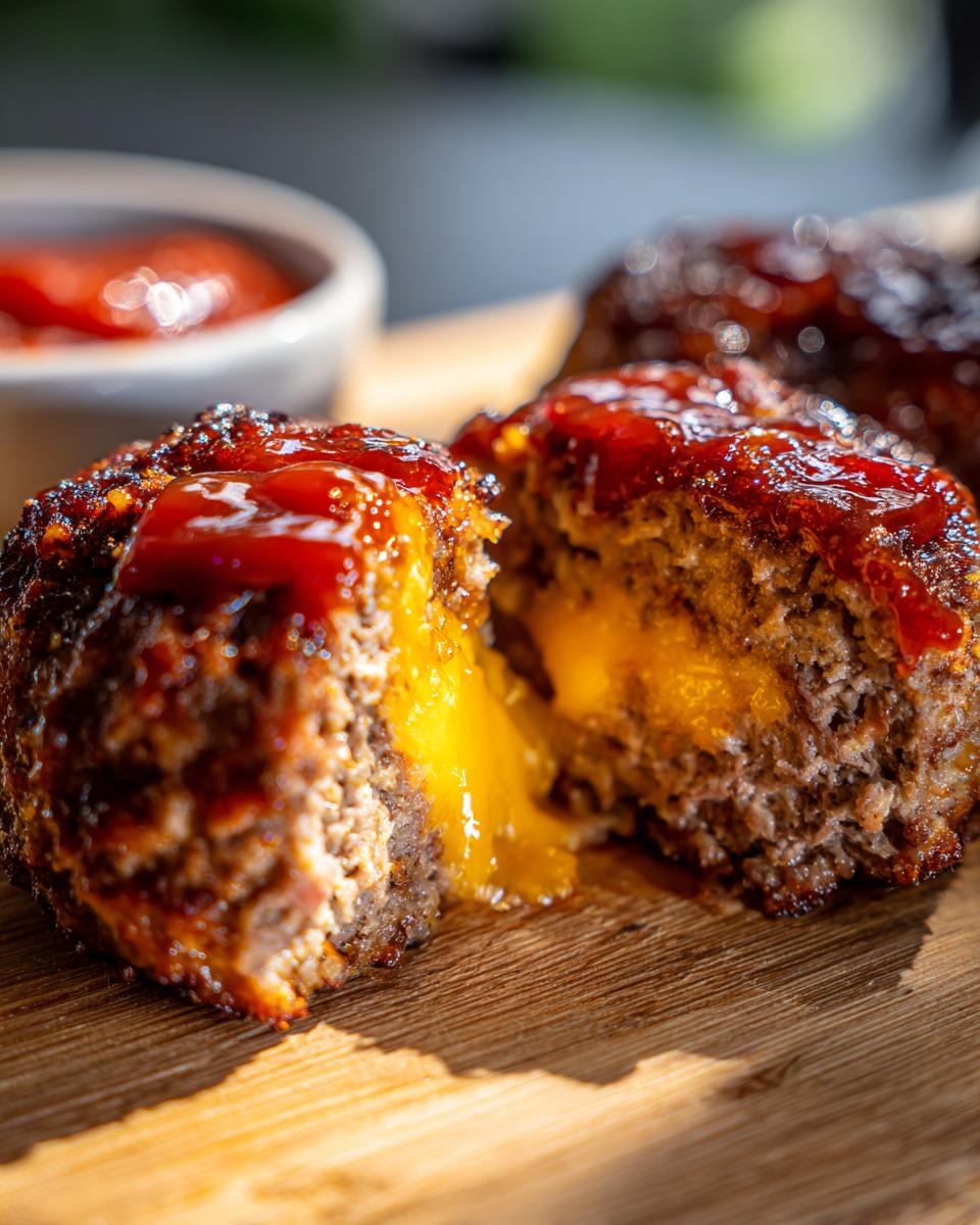 Close-up of cheesy stuffed meatloaf bites, one cut open to reveal melted cheese, topped with glaze.