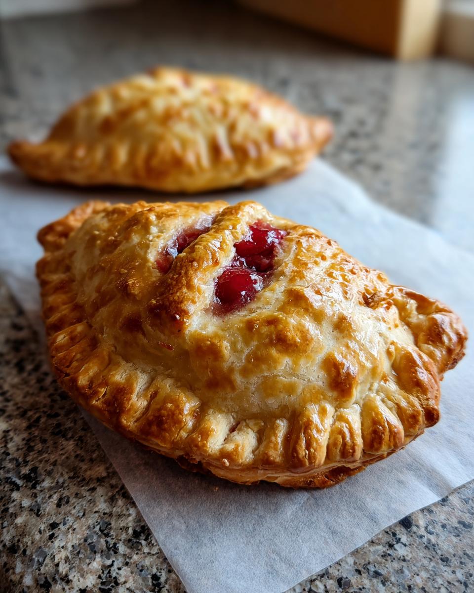 Two golden-brown baked cherry cheesecake hand pies on parchment paper, one in focus showing cherry filling.