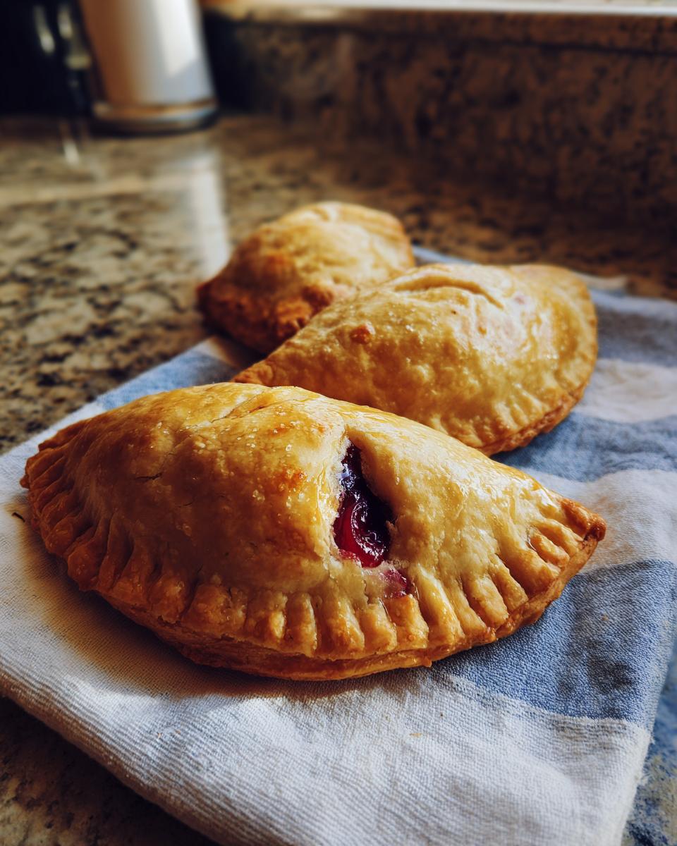 Three golden-brown cherry cheesecake hand pies arranged on a striped cloth, one with a visible cherry filling.