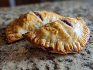 Close-up of two golden-brown cherry cheesecake hand pies with visible cherry filling.