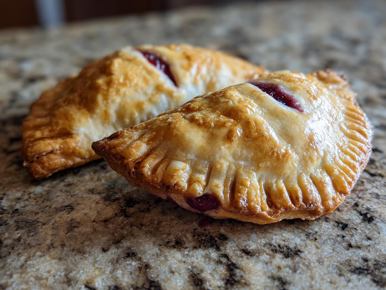 Close-up of two golden-brown cherry cheesecake hand pies with visible cherry filling.